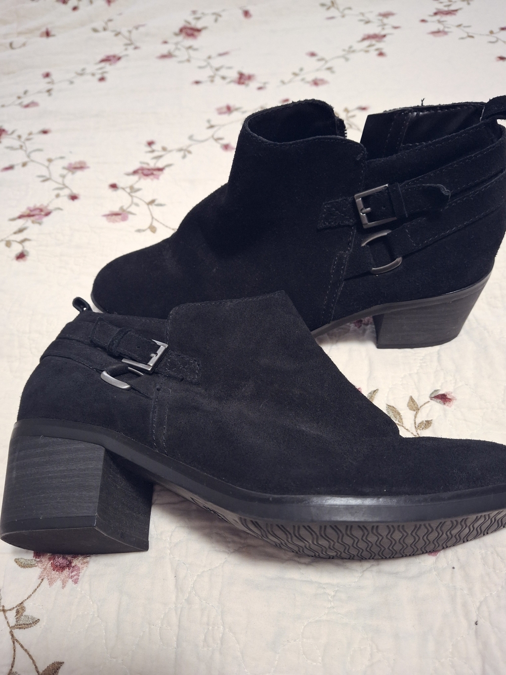 Black Suede Buckle Ankle Booties With Zippers, 9W